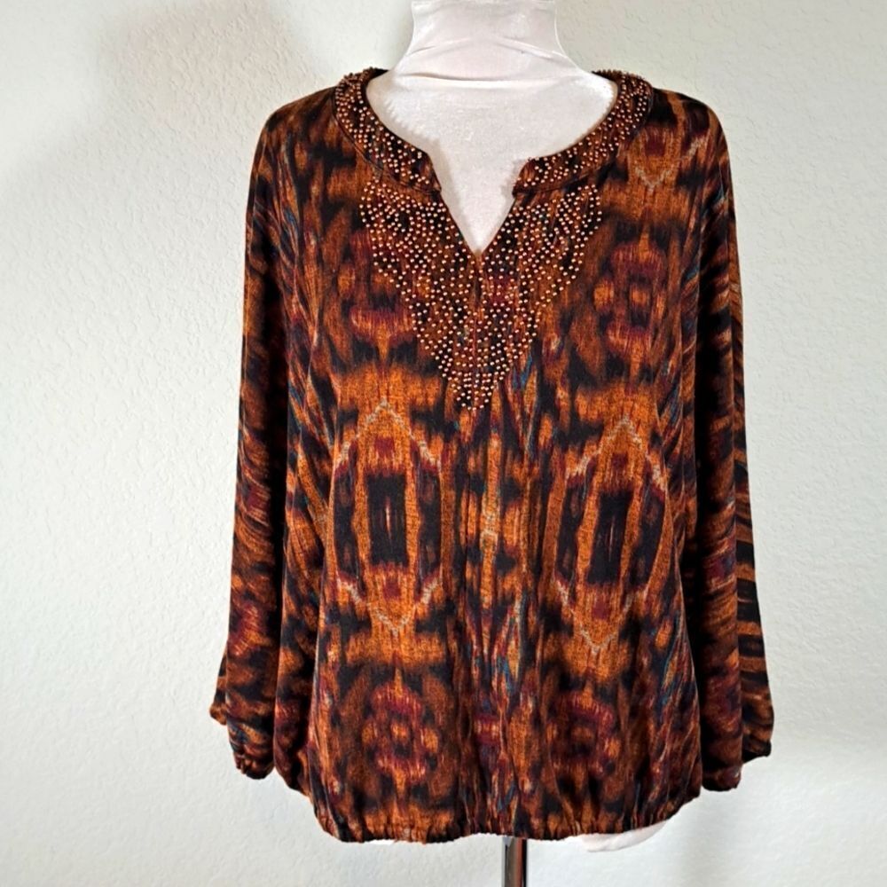 Rafaella Women’s Top Large Multi Fall Colors Copper beads at Collar & Bib V-Neck